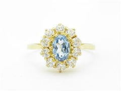 LIV 14k Yellow Gold Diamonds & Blue Topaz Halo Princess Diana Design Band Ring