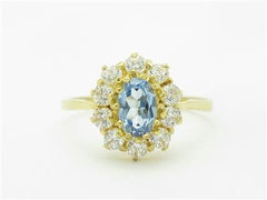 LIV 14k Yellow Gold Diamonds & Blue Topaz Halo Princess Diana Design Band Ring
