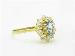 LIV 14k Yellow Gold Diamonds & Blue Topaz Halo Princess Diana Design Band Ring