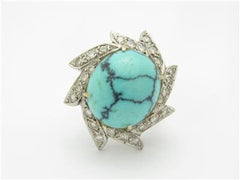 LIV 14k White Gold & Diamonds Genuine Blue Turquoise Halo Vintage Design Estate Style Ring