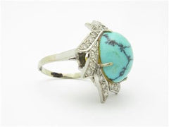 LIV 14k White Gold & Diamonds Genuine Blue Turquoise Halo Vintage Design Estate Style Ring