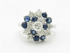 LIV 14k White Gold & Diamonds Blue Sapphire Vintage Style Estate Design Cluster Ring Gift