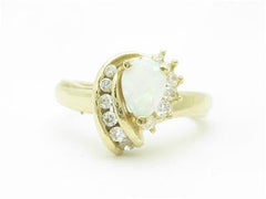 LIV 14k Yellow Gold & Diamonds White Opal Halo Design Band Ring Gift