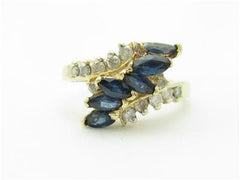 LIV Vintage 14k Yellow Gold & Diamonds Blue Sapphire Marquee Design Band Ring Gift