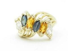 LIV 14k Yellow Gold & Multi Color GemStone Design Marquee 6 Stone Band Ring Gift