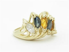 LIV 14k Yellow Gold & Multi Color GemStone Design Marquee 6 Stone Band Ring Gift