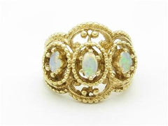 LIV 14k Yellow Gold & White Opals Wide Vintage Design Open Band Hand Made Ring Gift