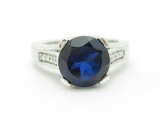 LIV 14k White Gold & Diamonds Blue Sapphire Vintage Design Pave Engagement Band Ring
