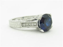 LIV 14k White Gold & Diamonds Blue Sapphire Vintage Design Pave Engagement Band Ring