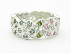 LIV 14k White Gold & Diamonds Multi Sapphire Design Flower Eternity Ring Bridal Gift