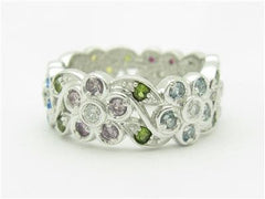LIV 14k White Gold & Diamonds Multi Sapphire Design Flower Eternity Ring Bridal Gift