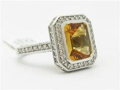 LIV 14k White Gold & Diamonds Emerald Cut Golden Citrine Halo Pave Design Band Ring