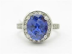 LIV 14k White Gold & Diamonds Tanzanite Halo Design Oval Cut Stone Band Ring Gift