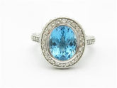 LIV 14k White Gold & Diamonds Blue Topaz Halo Design Oval Cut Large Stone Band Ring
