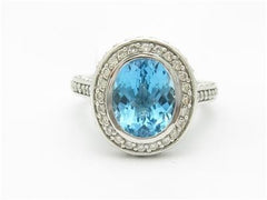 LIV 14k White Gold & Diamonds Blue Topaz Halo Design Oval Cut Large Stone Band Ring