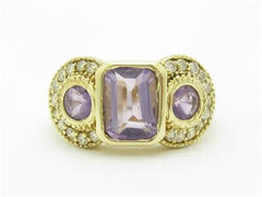 LIV 14k Yellow Gold & Diamonds Purple Amethyst 3 Stone Design Halo Band Ring Gift