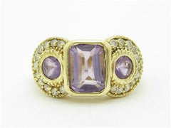 LIV 14k Yellow Gold & Diamonds Purple Amethyst 3 Stone Design Halo Band Ring Gift