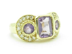 LIV 14k Yellow Gold & Diamonds Purple Amethyst 3 Stone Design Halo Band Ring Gift