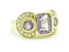 LIV 14k Yellow Gold & Diamonds Purple Amethyst 3 Stone Design Halo Band Ring Gift