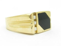 LIV 14k Yellow Gold & Diamonds Black Onyx Men's Band Abstract Design Ring Gift