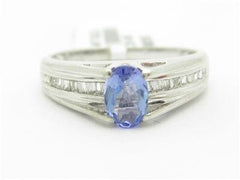 LIV 14k White Gold & Diamond Oval Tanzanite Stone Design Baguette Band Ring
