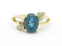 LIV 14k Yellow Gold & Diamond Blue Topaz Oval Shape Right Hand Band Ring Gift