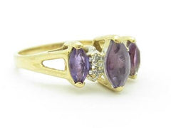 LIV 14k Yellow Gold & Diamond Purple Amethyst 3 Stone Marquee Band Ring Gift
