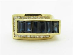 LIV 14k Yellow Gold & Diamond Blue Sapphire Abstract Design Wide Band Ring Gift