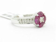 LIV 14k White Gold & Diamond Red Ruby Halo Marquee Design Solitaire Band Ring