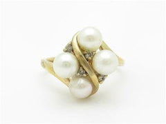 LIV 14k Yellow Gold & Genuine Fresh Water Pearl Cluster Design Band Bridal Ring