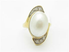 LIV 14k Yellow Gold & Genuine Mabe Pearl Vintage Design Halo Long Band Bridal Ring