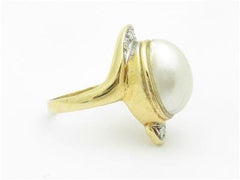 LIV 14k Yellow Gold & Genuine Mabe Pearl Vintage Design Halo Long Band Bridal Ring