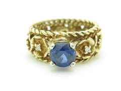 LIV 14k Yellow Gold Genuine Tanzanite & Diamond Eternity Flower Vintage Design Ring