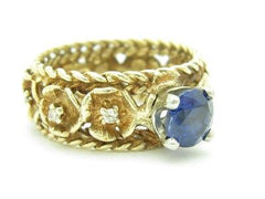 LIV 14k Yellow Gold Genuine Tanzanite & Diamond Eternity Flower Vintage Design Ring