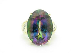 LIV 14k Solid Yellow Gold Genuine Diamond & Mystic Topaz Large Oval Shape Stone Ring
