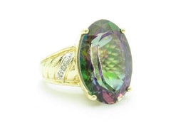 LIV 14k Solid Yellow Gold Genuine Diamond & Mystic Topaz Large Oval Shape Stone Ring