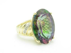 LIV 14k Solid Yellow Gold Genuine Diamond & Mystic Topaz Large Oval Shape Stone Ring