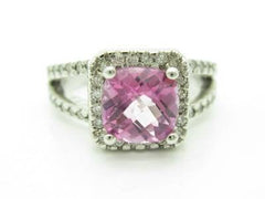 LIV 14KT White Gold Genuine White Diamond Pave Pink Sapphire Halo Split Shank Ring