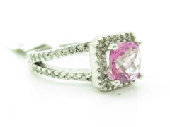 LIV 14KT White Gold Genuine White Diamond Pave Pink Sapphire Halo Split Shank Ring