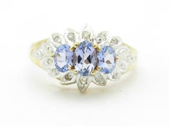 LIV 14k Solid Yellow Gold Tanzanite & Diamond 3 Stone Vintage Design Band Ring