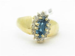 LIV 14k Solid Yellow Gold Blue Topaz & Diamond Halo Design Marquee Shape Ring