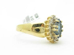 LIV 14k Solid Yellow Gold Blue Topaz & Diamond Halo Design Marquee Shape Ring