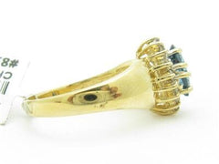 LIV 14k Solid Yellow Gold Blue Topaz & Diamond Halo Design Marquee Shape Ring