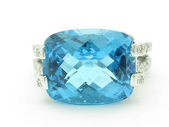LIV 14kt White Gold Genuine Pave Diamond Large Blue Topaz Split Shank Design Ring