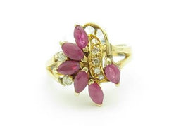 LIV 14k Solid Yellow Gold Genuine Red Ruby & Diamond Marquee Design Right Hand Ring