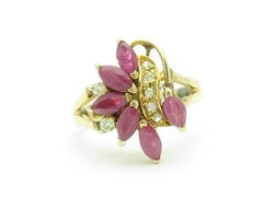 LIV 14k Solid Yellow Gold Genuine Red Ruby & Diamond Marquee Design Right Hand Ring