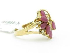 LIV 14k Solid Yellow Gold Genuine Red Ruby & Diamond Marquee Design Right Hand Ring