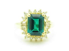 LIV 14k Solid Yellow Gold Simulated Green Emerald & Diamond Vintage Design Halo Ring