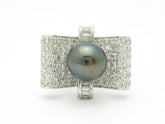LIV 14kt White Gold Genuine White Diamond Black Tahitian Pearl Art Deco Ring Gift