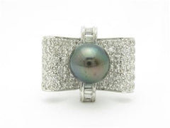 LIV 14kt White Gold Genuine White Diamond Black Tahitian Pearl Art Deco Ring Gift